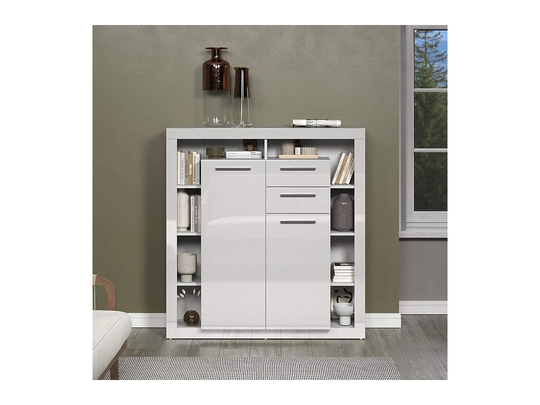 GwendolynRock Sideboard 2 Türen, 2 Schubladen, Regale weiß Hochglanz.