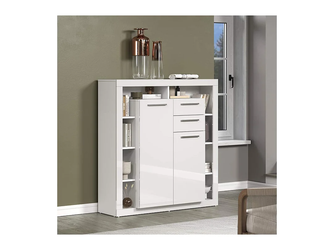 GwendolynRock Sideboard 2 Türen, 2 Schubladen, Regale weiß Hochglanz.