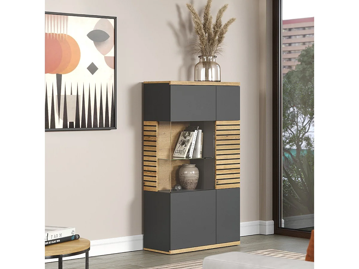 Buffet haut vitré 2 portes dont 1 porte avec verre trempé L80 cm - NORRIS