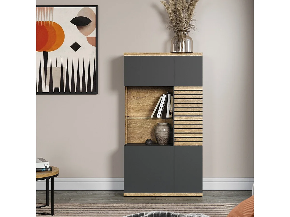 Buffet haut vitré 2 portes dont 1 porte avec verre trempé L80 cm - NORRIS