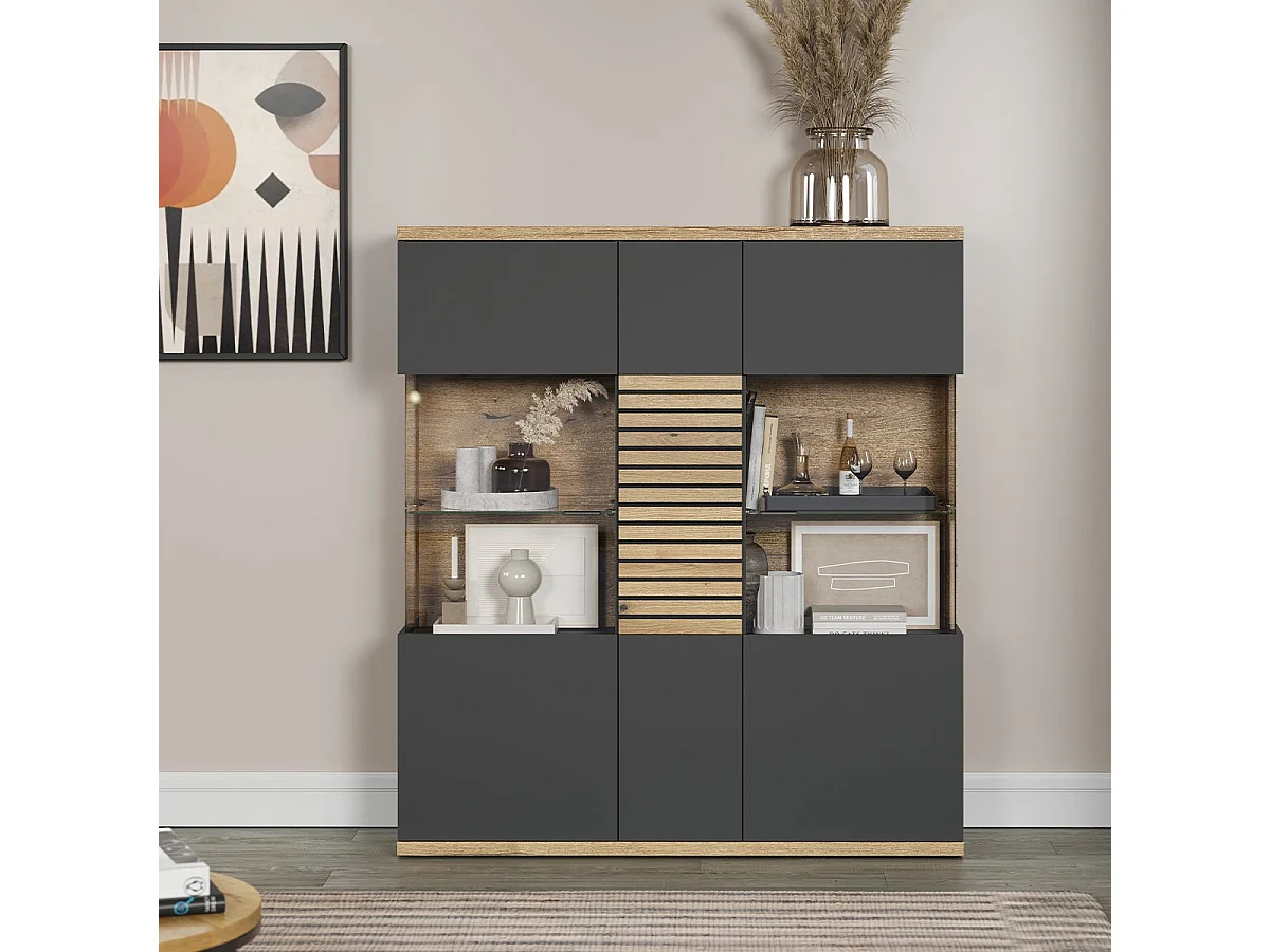 Norris vitrinekast grijs, eik decor.