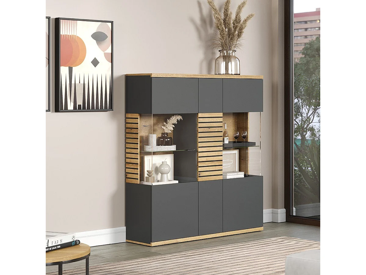 Norris vitrinekast grijs, eik decor.