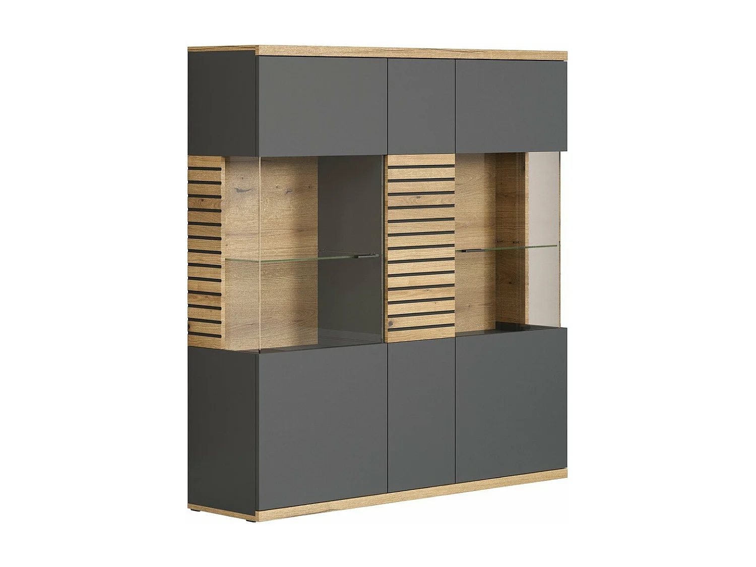 Norris vitrinekast grijs, eik decor.