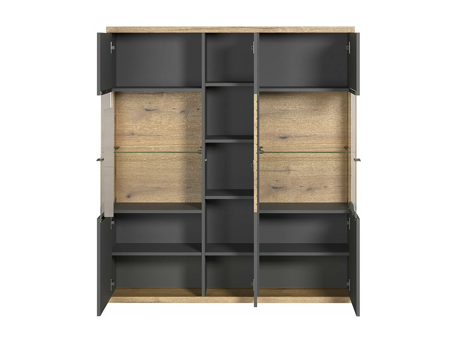 Norris vitrinekast grijs, eik decor.