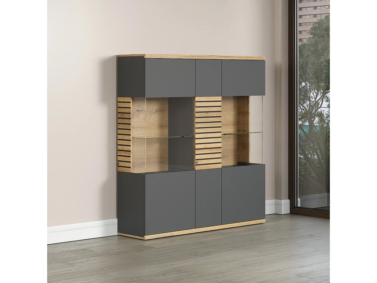Norris vitrinekast grijs, eik decor.