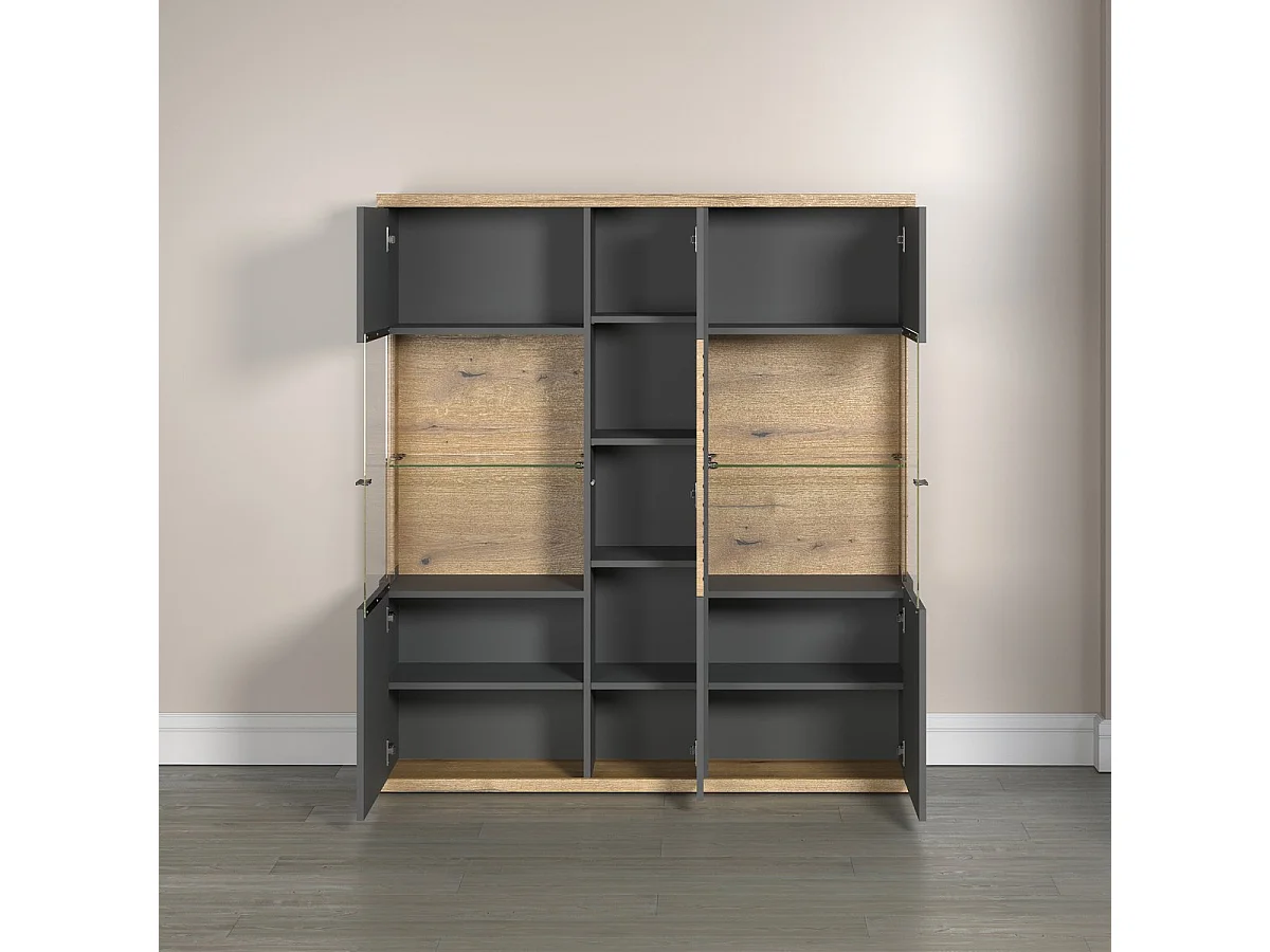 Norris vitrinekast grijs, eik decor.