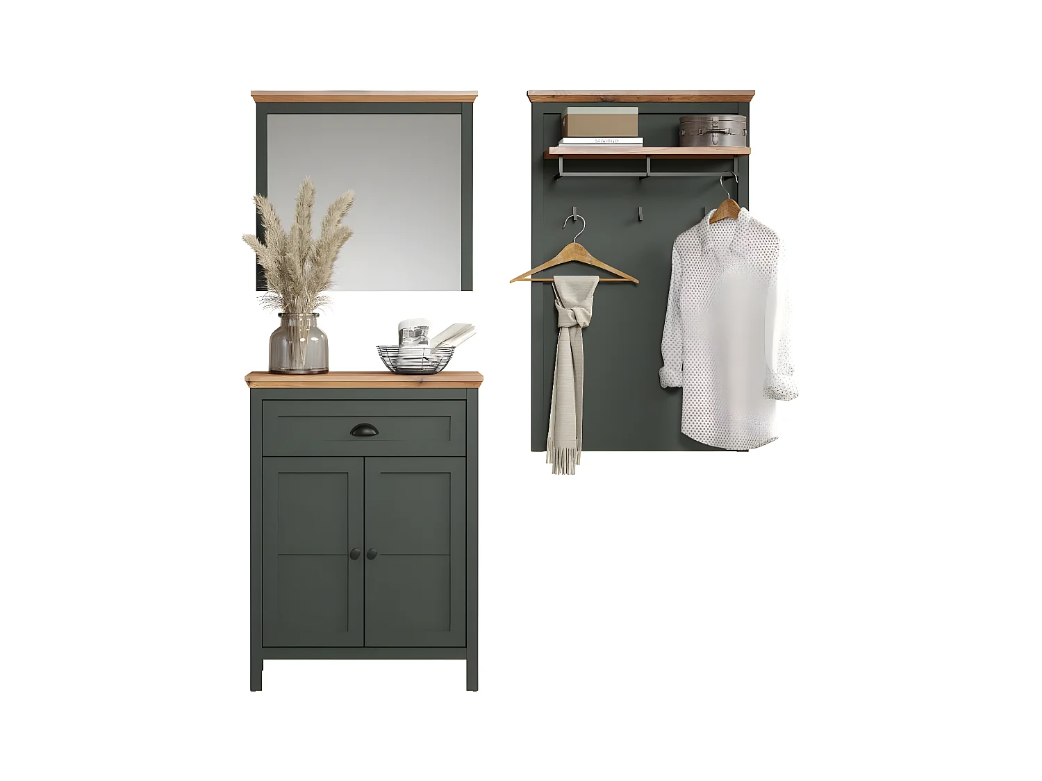 Stanton garderobe opstelling groen, eik decor.