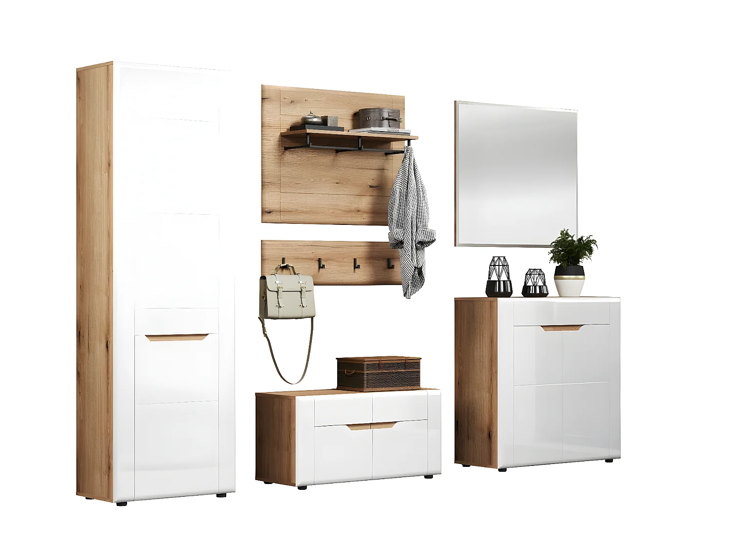 Marlon garderobe opstelling wit, eik decor.