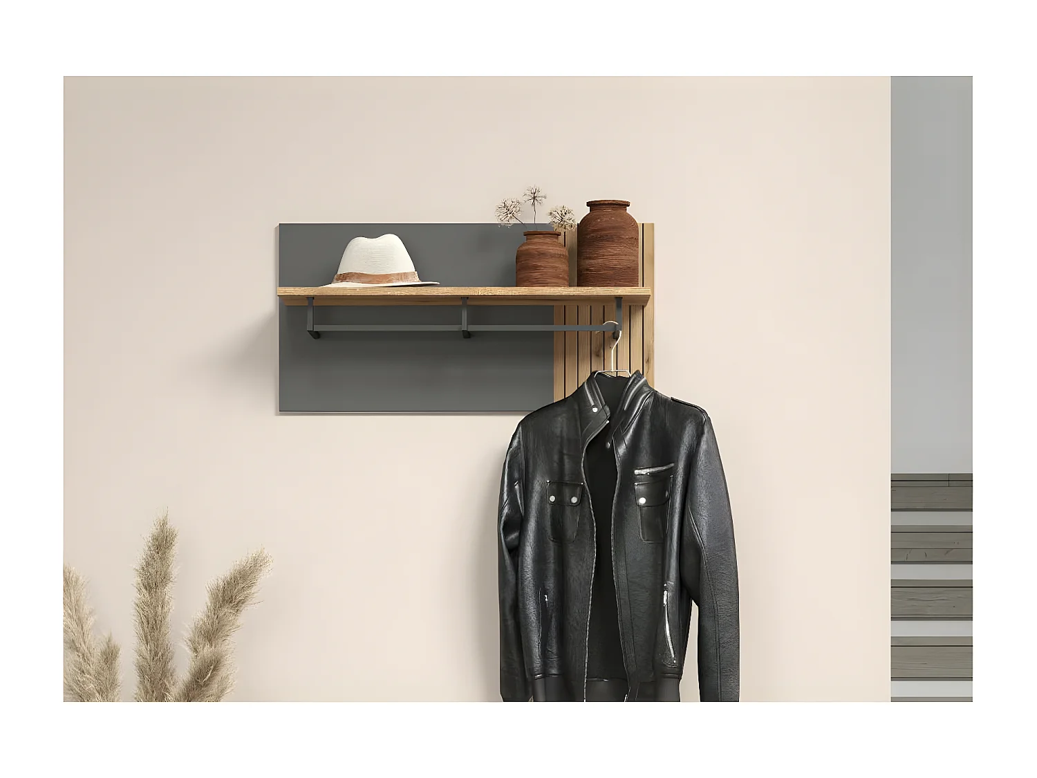 Esteban porte-manteau gris, chêne décor.