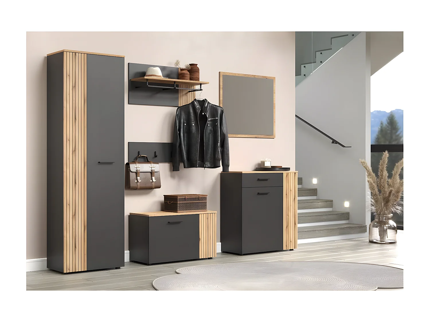 Esteban ensemble d'armoires de rangement gris, chêne décor.