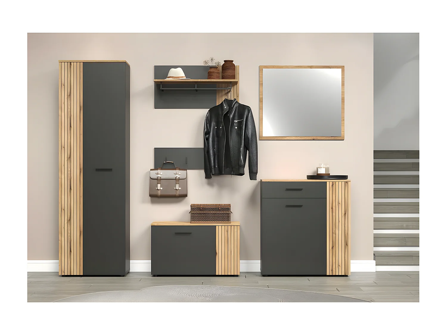 Esteban ensemble d'armoires de rangement gris, chêne décor.