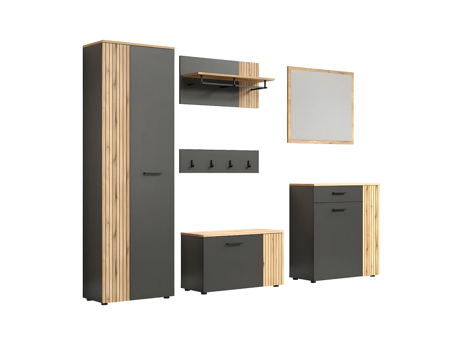 Esteban garderobe opstelling grijs, eik decor.