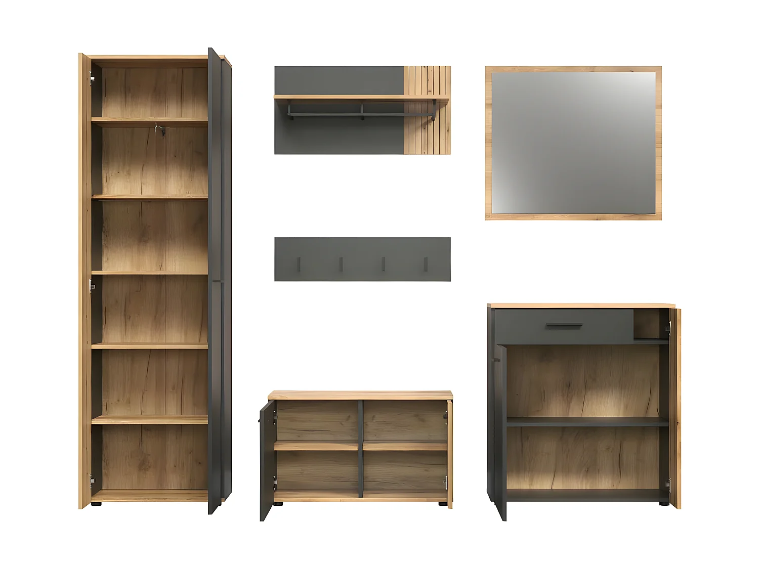 Esteban ensemble d'armoires de rangement gris, chêne décor.