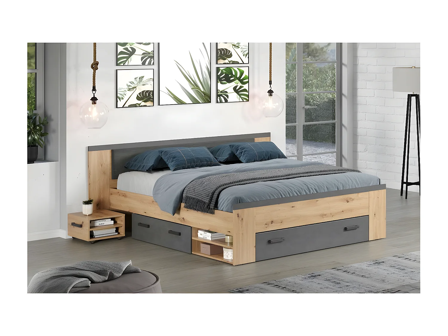 Follow lit 180x200cm avec table de nuit, tiroirs, étagères des deux côtés chêne décor, gris.