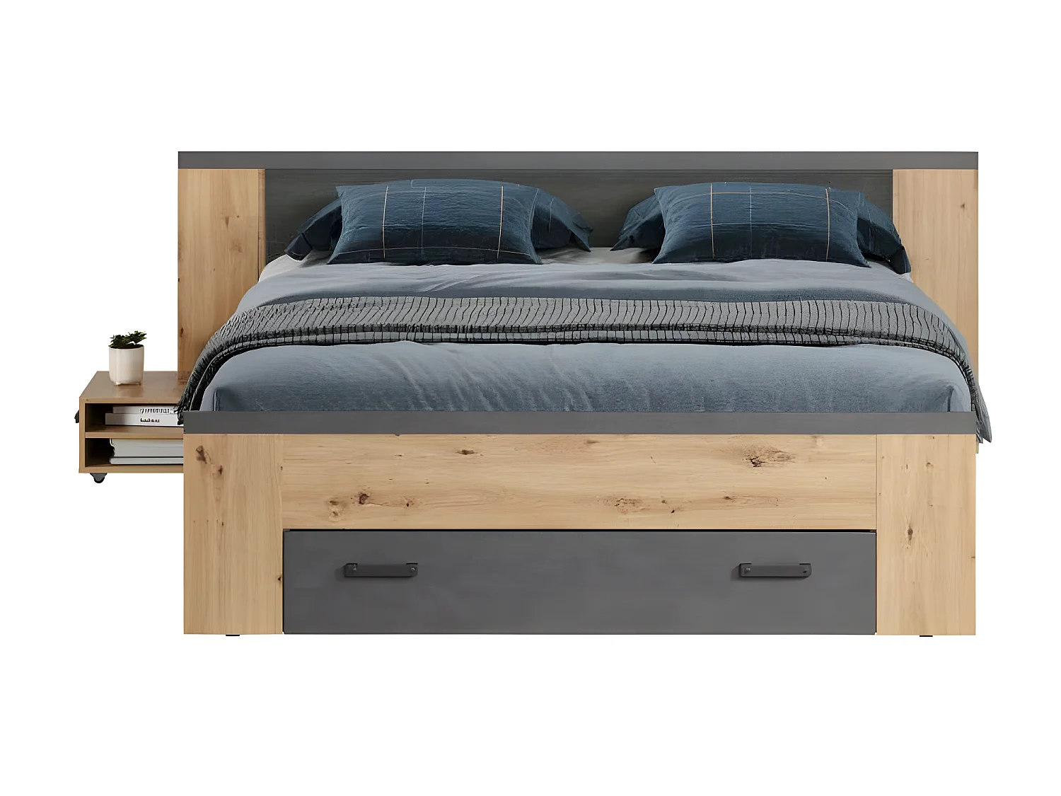 Follow lit 180x200cm avec table de nuit, tiroirs, étagères des deux côtés chêne décor, gris.