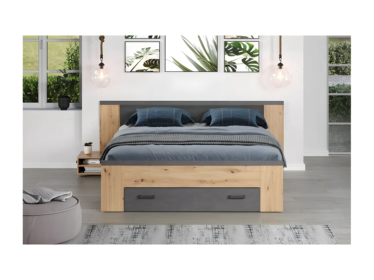 Follow lit 180x200cm avec table de nuit, tiroirs, étagères des deux côtés chêne décor, gris.