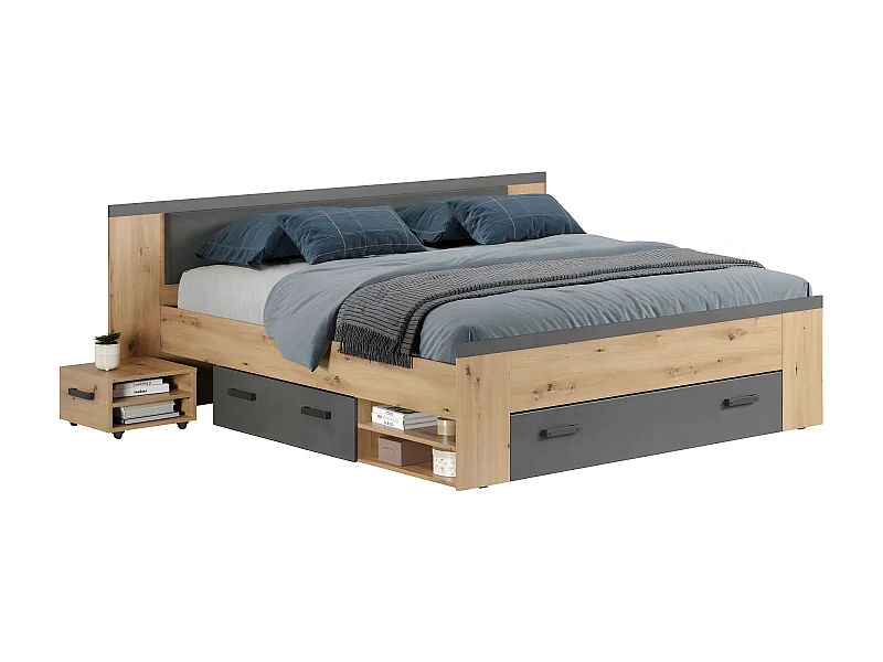 Follow lit 180x200cm avec table de nuit, tiroirs, étagères des deux côtés chêne décor, gris.