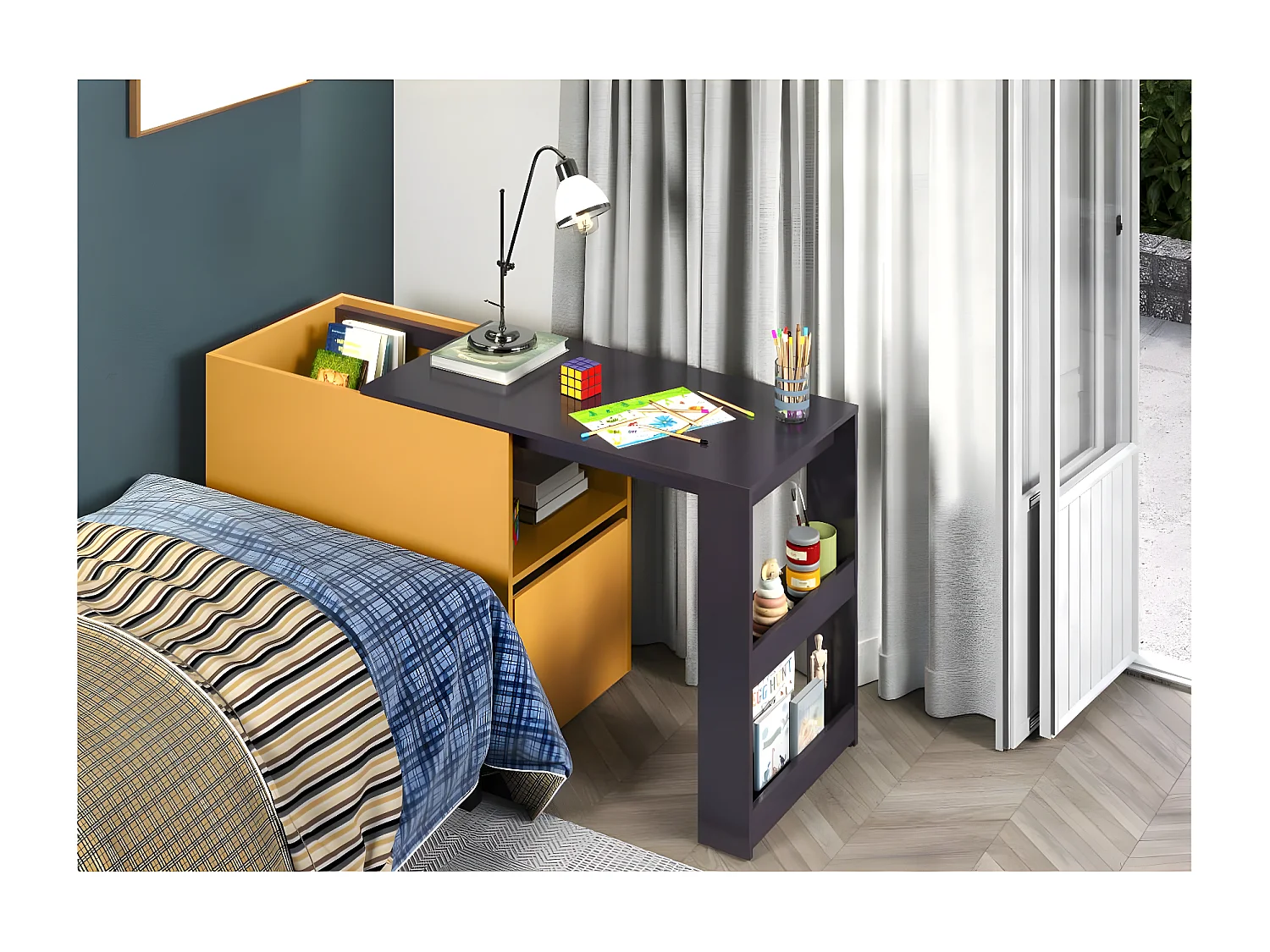 Solution bureau tiroir avec rangement Jaune, bleu.