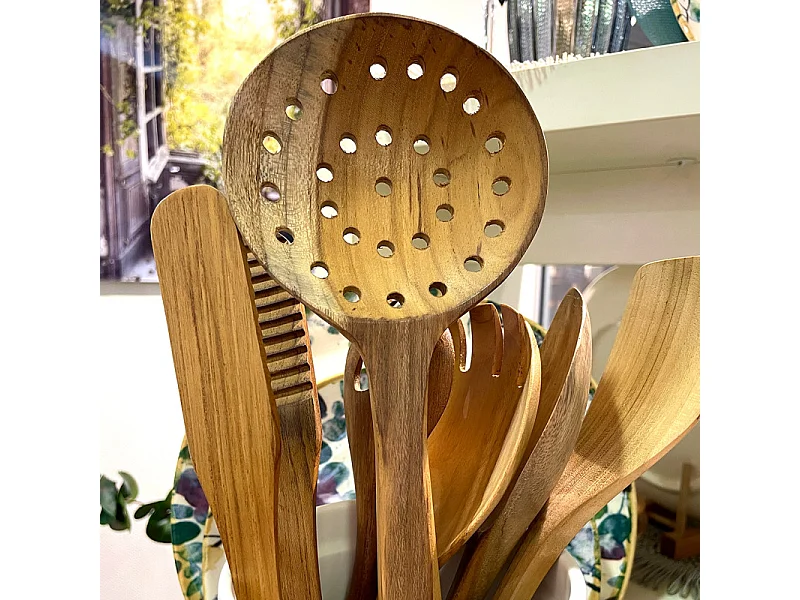 Lot de 2 écumoires cuillères passoire rondes en bois de teck – KARA