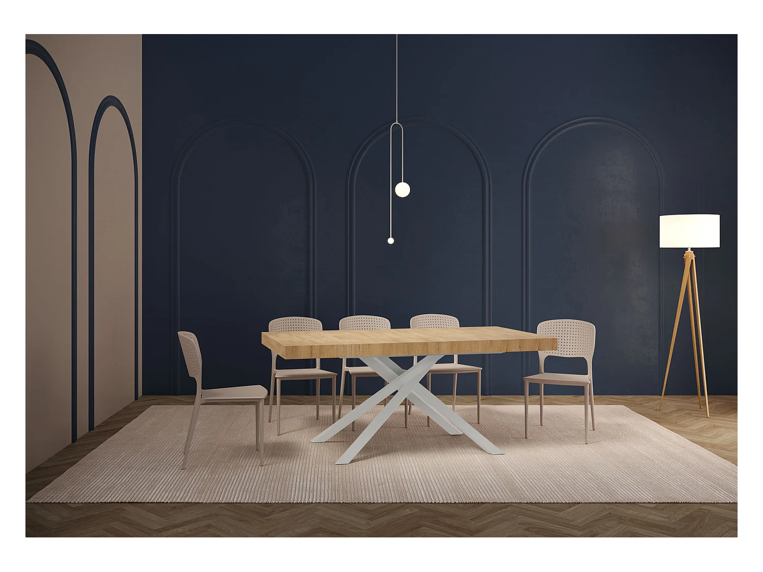 Table extensible 90x180/440 cm Karida chêne nature pieds blanc