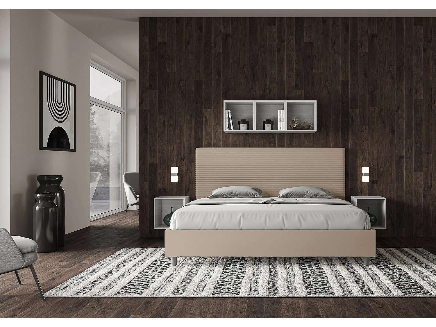 Cama de casal super king size sem estrado estofada 200x200 pele sintética tortora Focus
