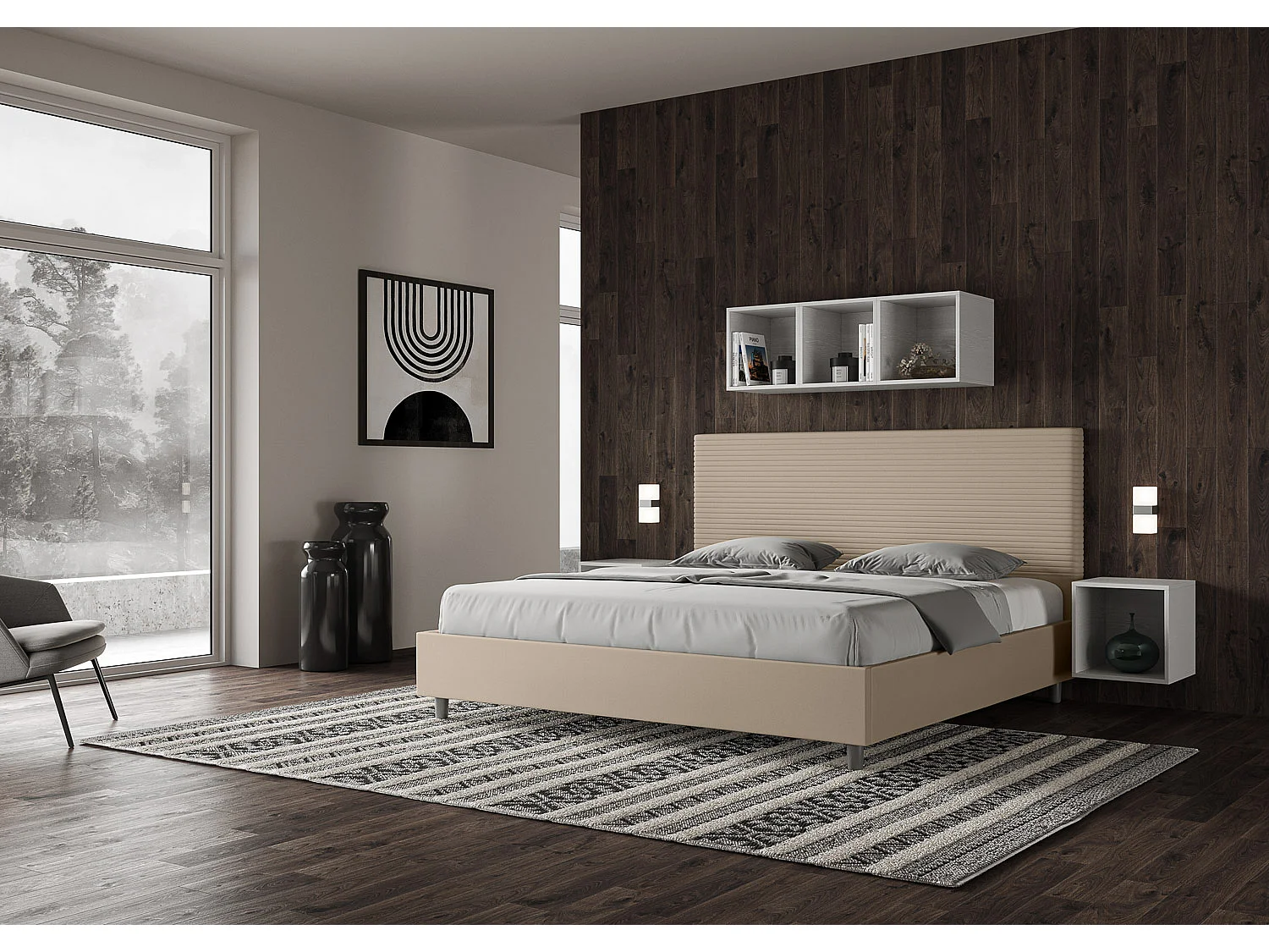 Cama de casal super king size sem estrado estofada 200x200 pele sintética tortora Focus