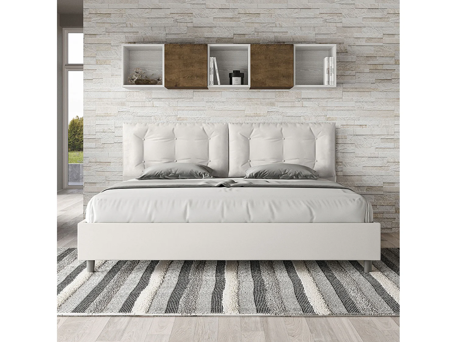 Lit king size avec sommier rembourré 200x200 similicuir blanc Annalisa Large