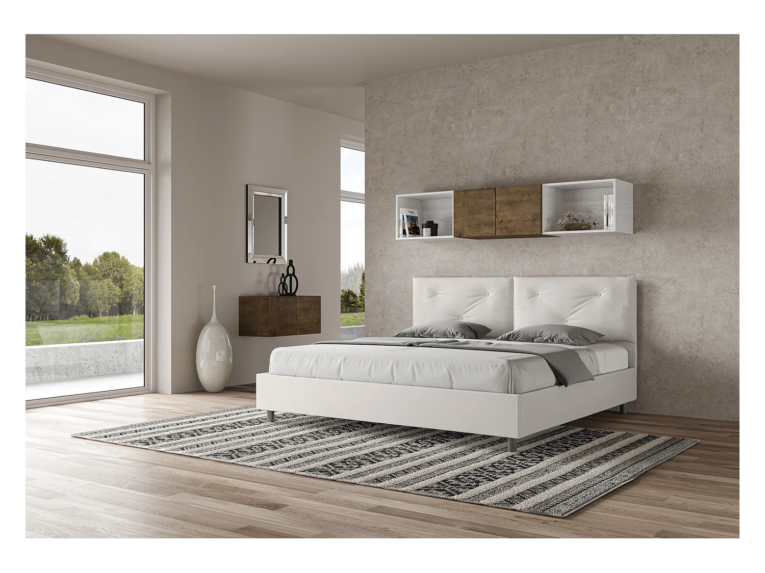 Gepolstertes Bett mit Lattenrost 200x210 mit Kunstlederbezug Weiß Appia Large