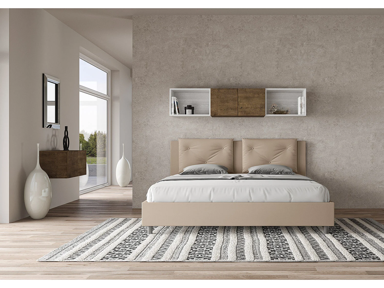 Cama de casal super king size con estrado estofada 200x210 pele sintética tortora Appia