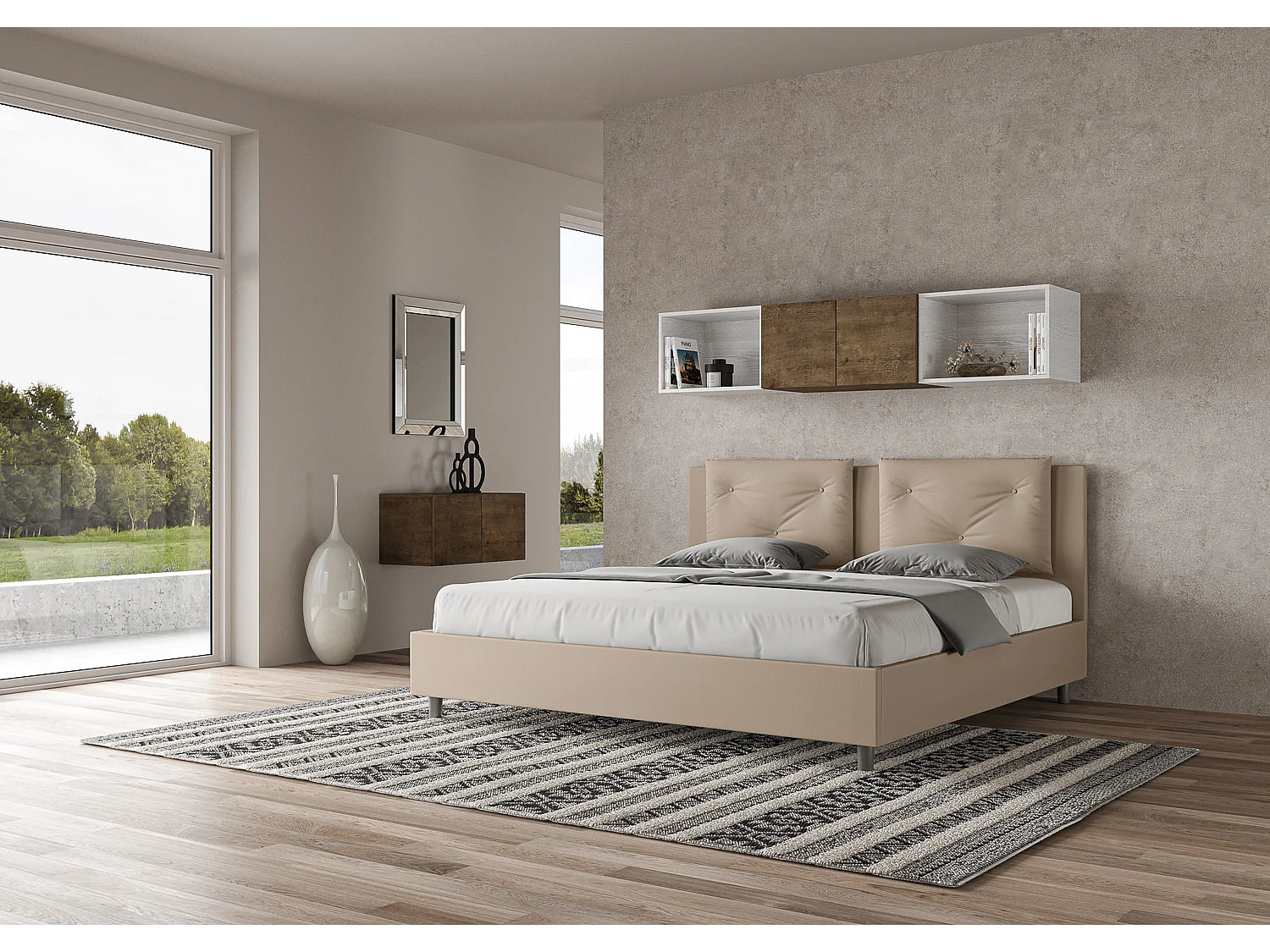 Cama de casal super king size con estrado estofada 200x210 pele sintética tortora Appia