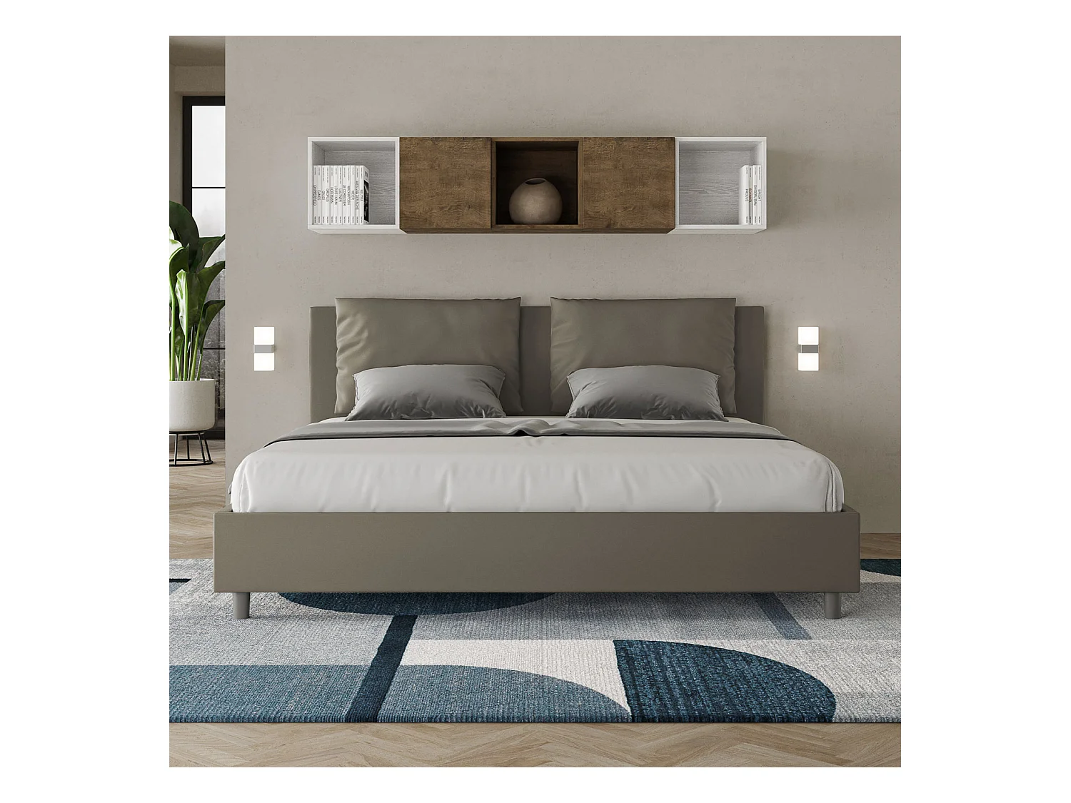 Antea-Bett mit gepolstertem Untergestell 200x210 aus Cappuccino-Kunstleder