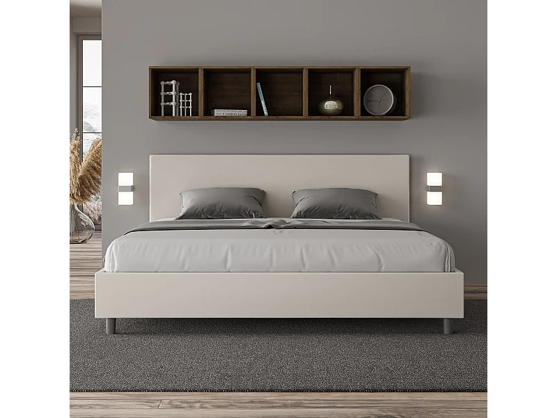 Lit king size avec sommier rembourré 200x210 similicuir blanc Adele