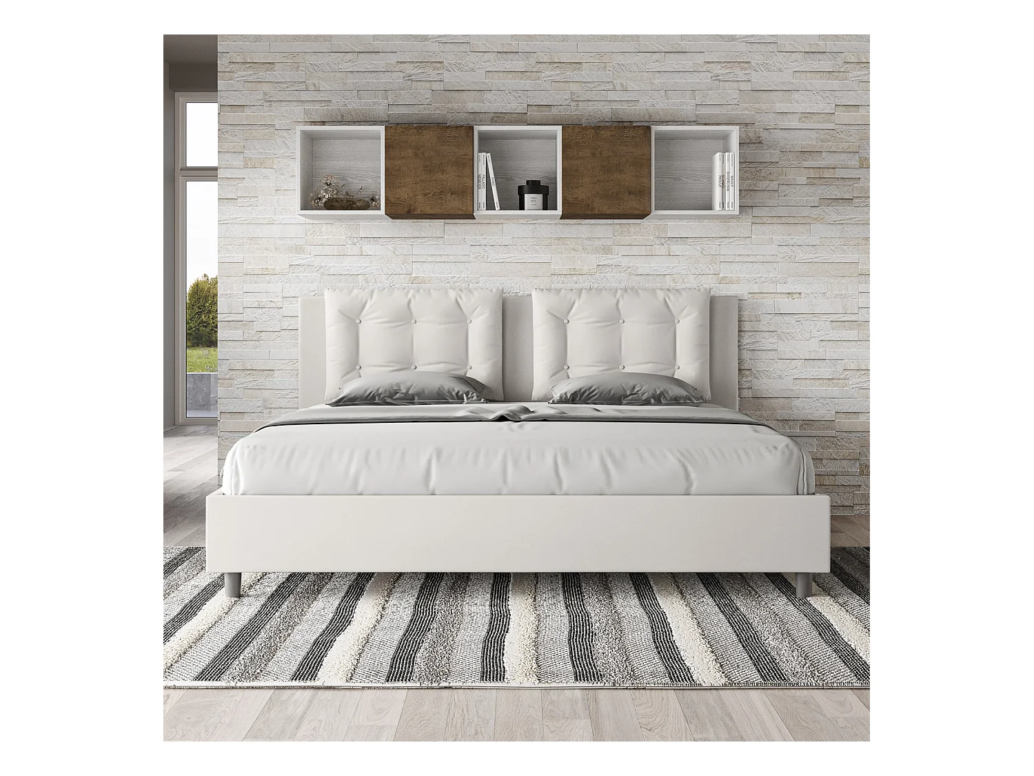 Lit king size avec sommier rembourrée 200x210 similicuir blanc Annalisa