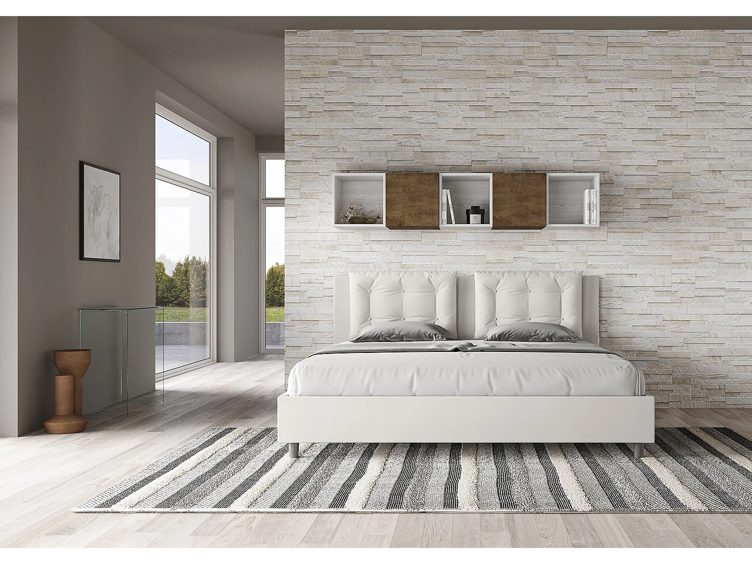 Cama de casal super king size con estrado estofada 200x210 pele sintética branco Annalisa
