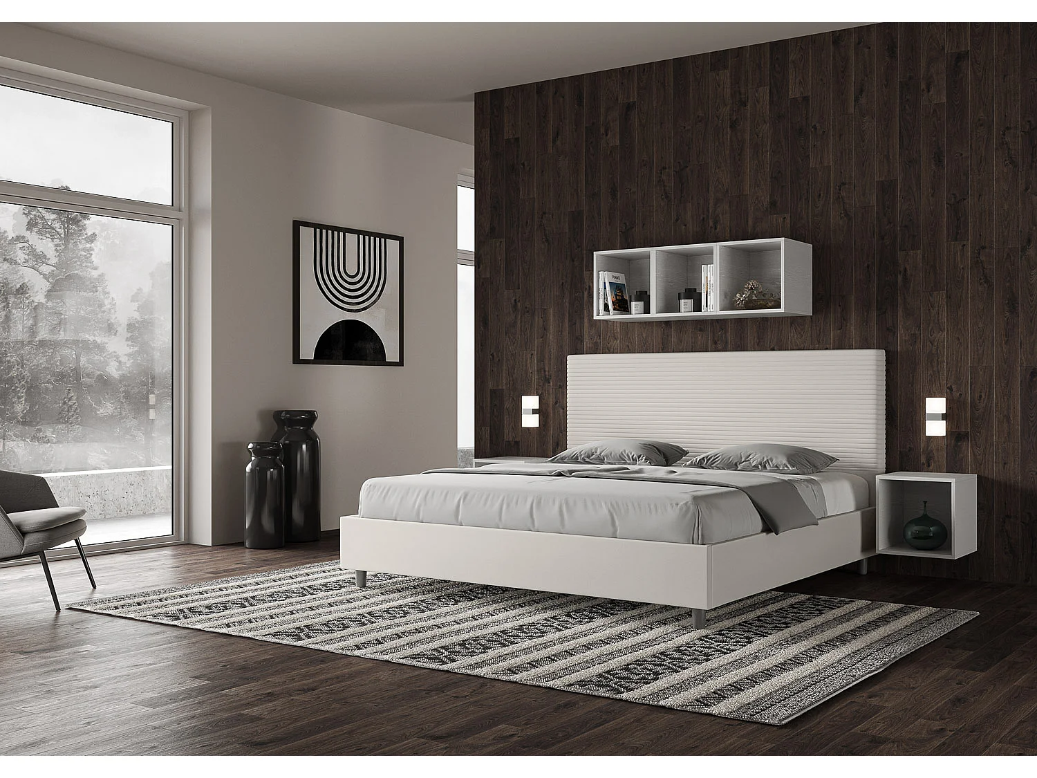 Cama de casal super king size con estrado estofada 200x210 pele sintética branco Focus