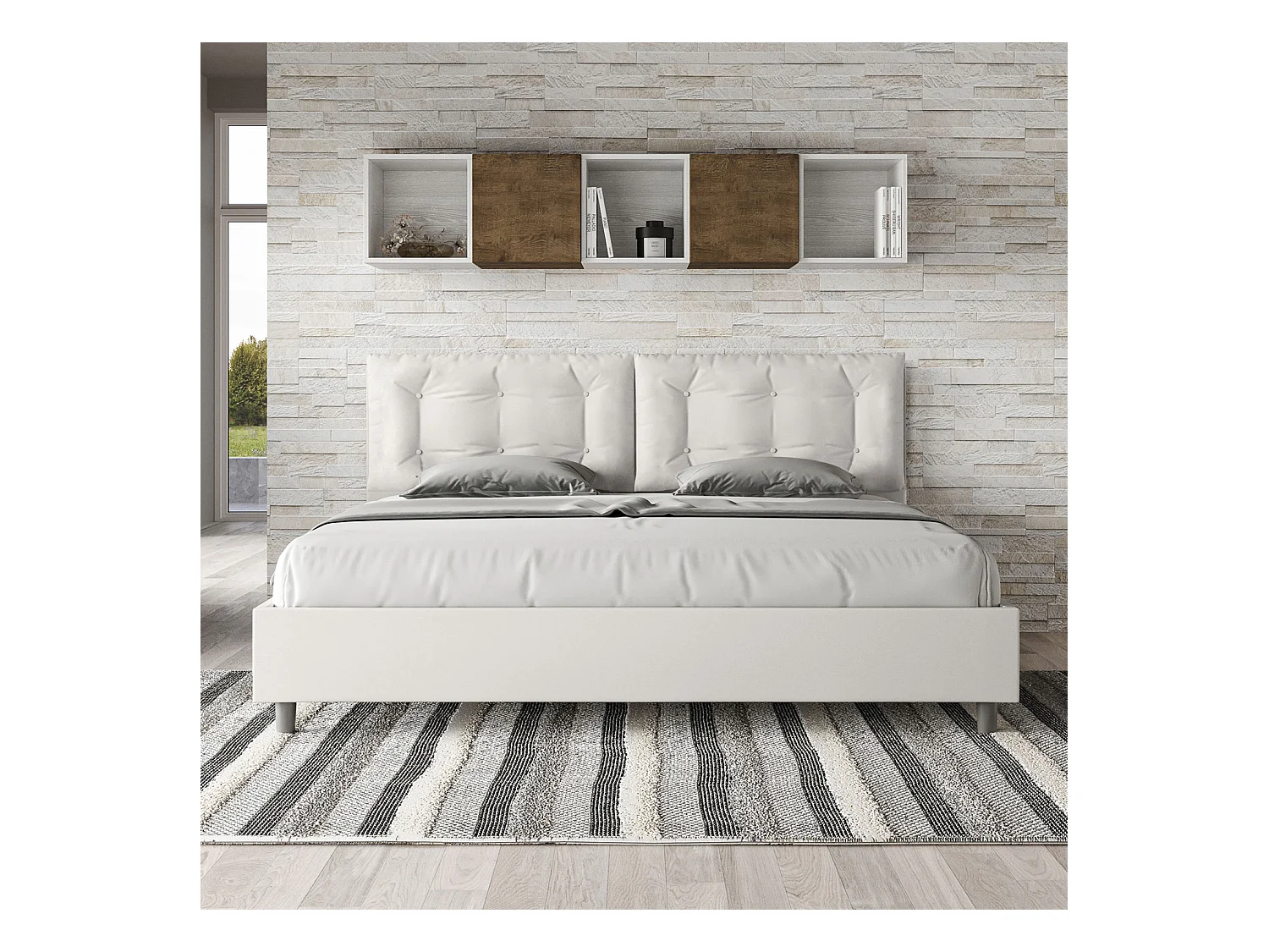 Gepolstertes Bett mit Lattenrost 200x210 mit Kunstlederbezug Weiß Annalisa Large