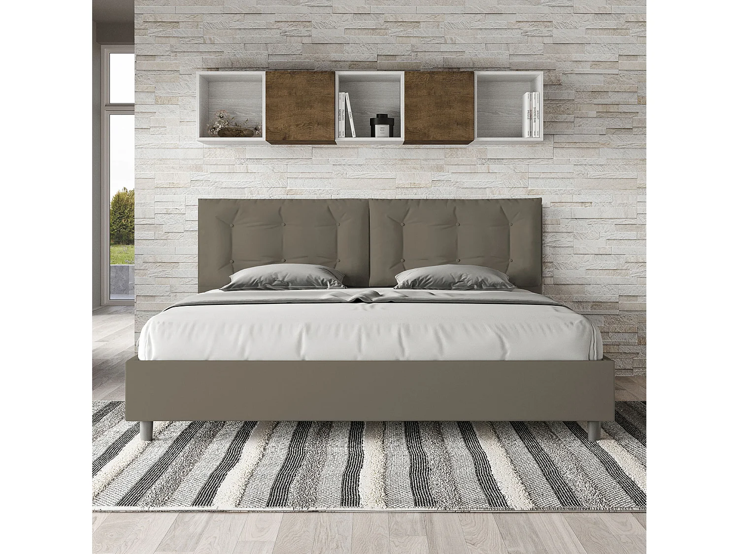 Cama de casal super king size con estrado estofada 200x210 pele sintética cappuccino Annalisa Large