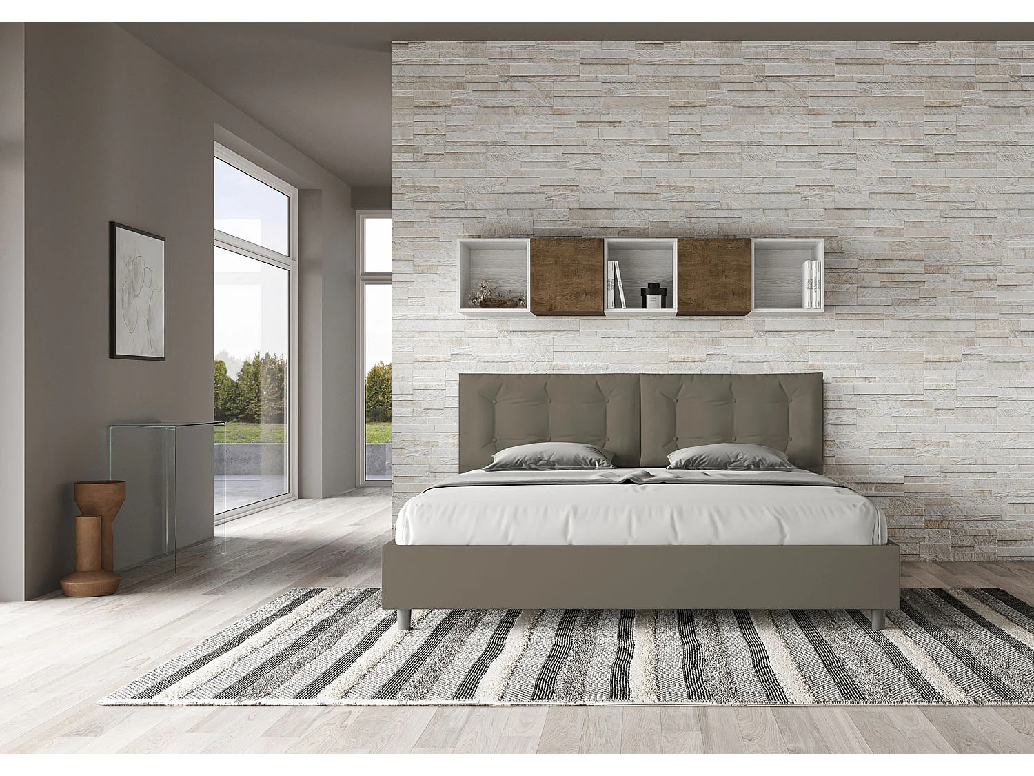 Gepolstertes Bett mit Lattenrost 200x210 mit Kunstlederbezug Cappuccino Annalisa Large