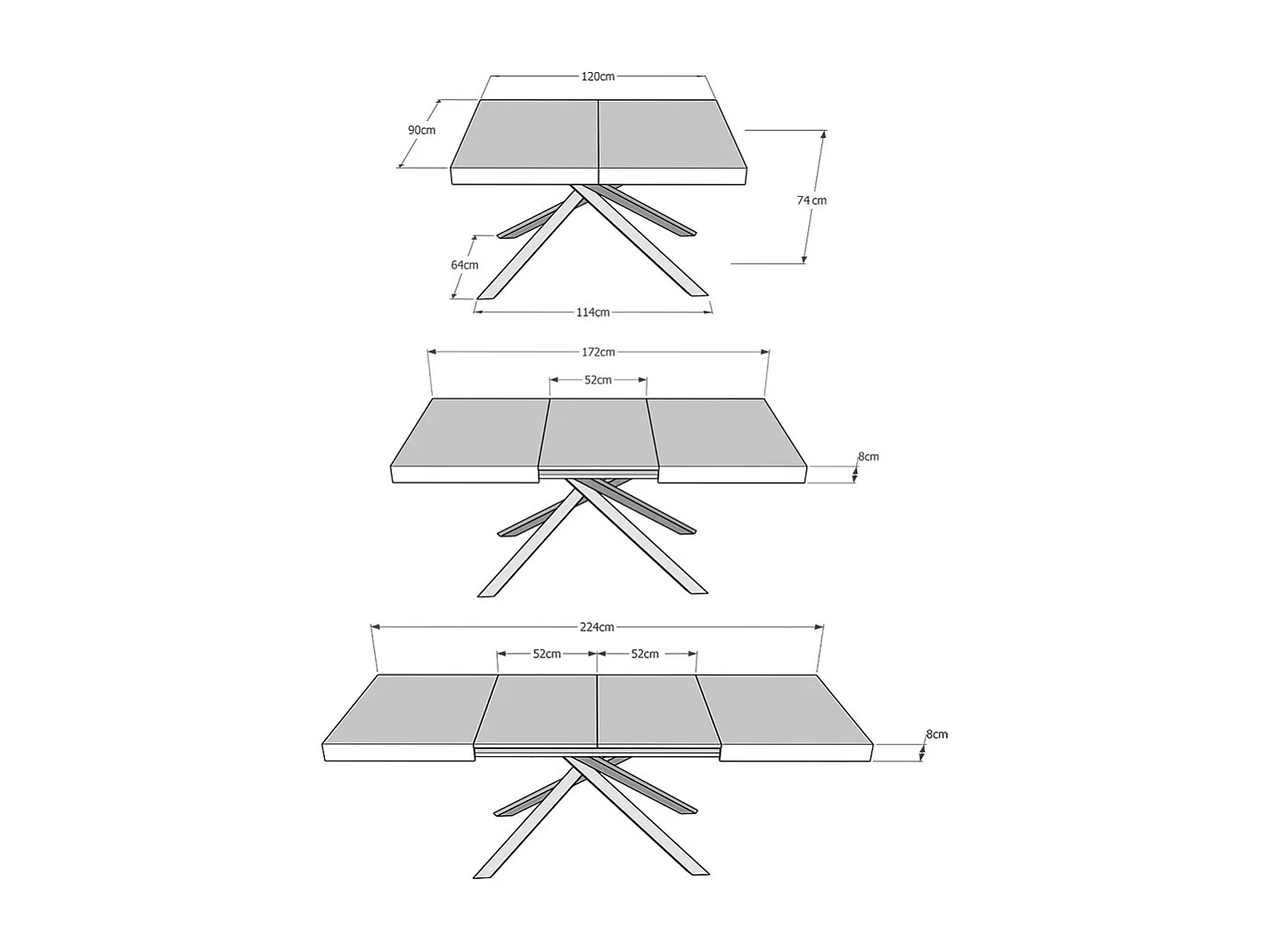 Uitschuifbare tafel 120/224x90 cm Karida cement met antraciete poten