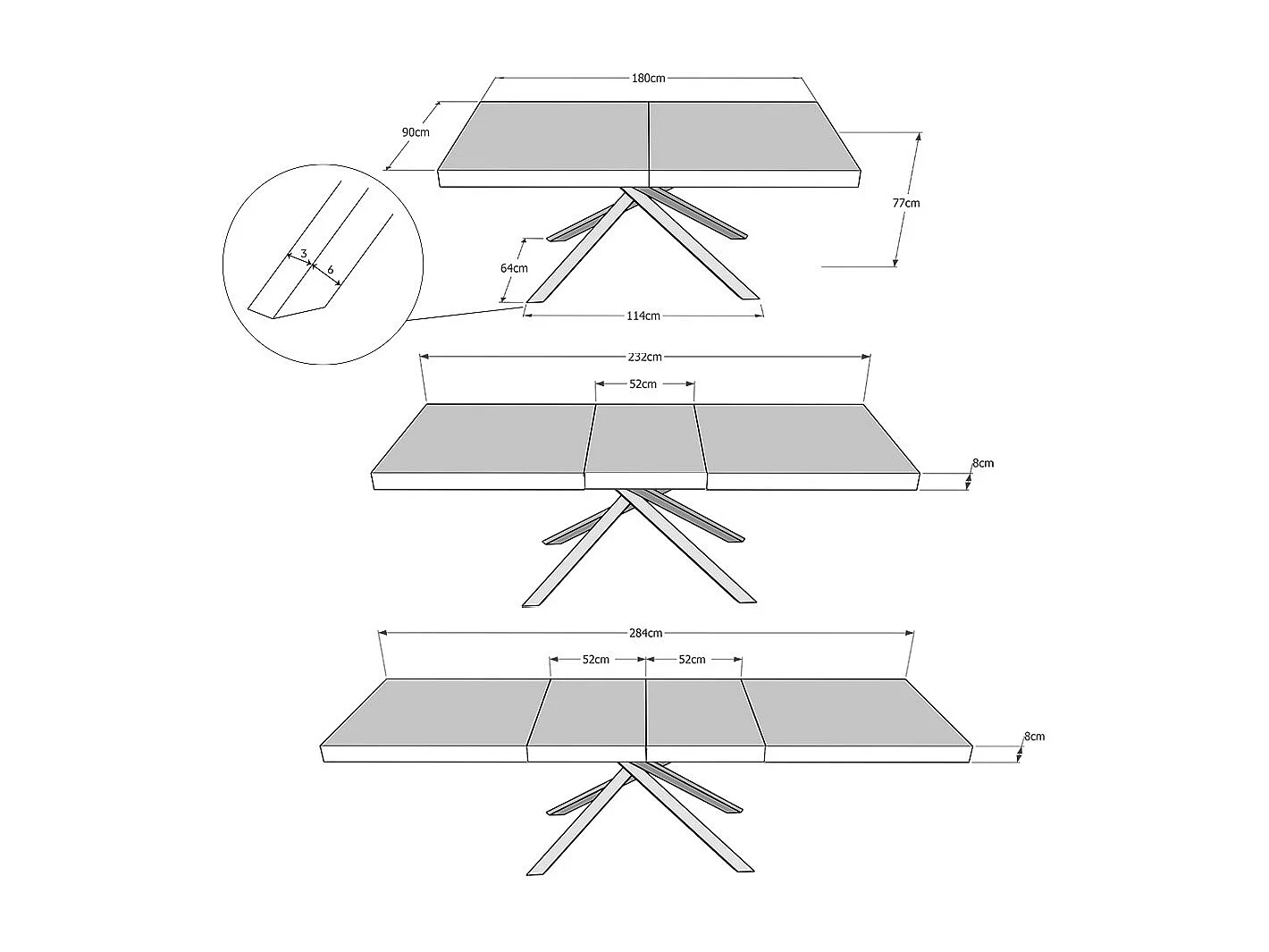 Table extensible 90x180/284 cm Karida Premium gris béton pieds anthracite