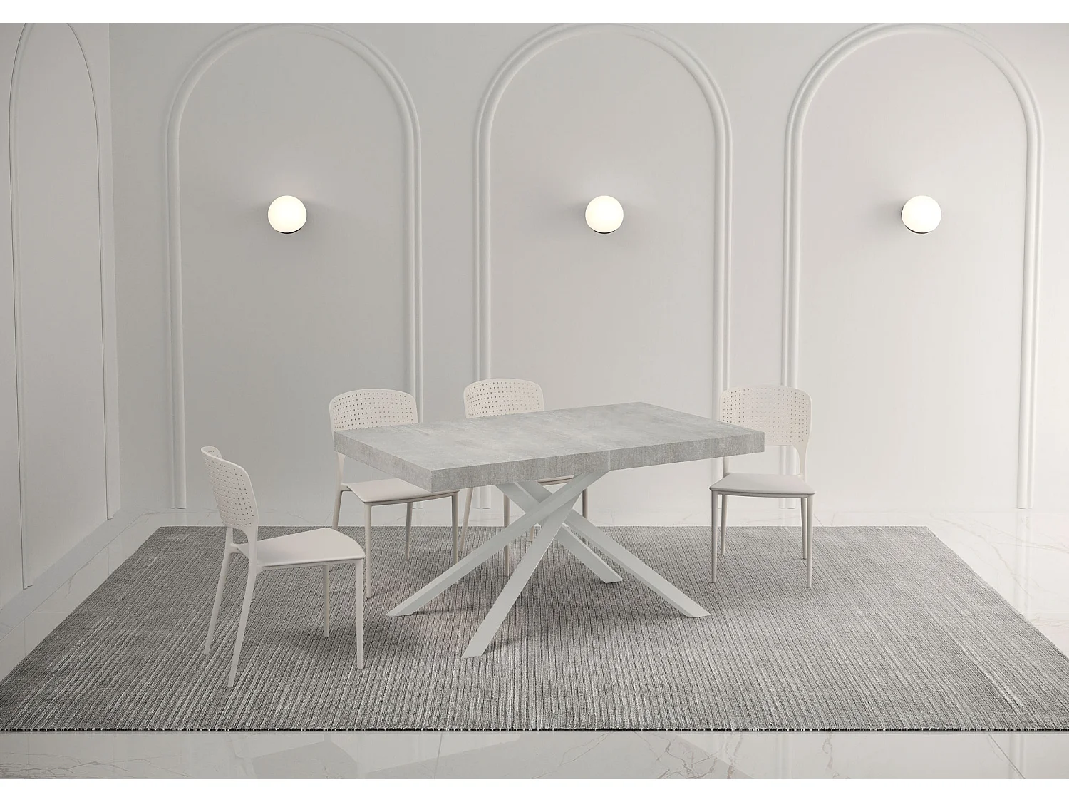 Table extensible 160/264x90 cm Karida Premium gris béton pieds blancs