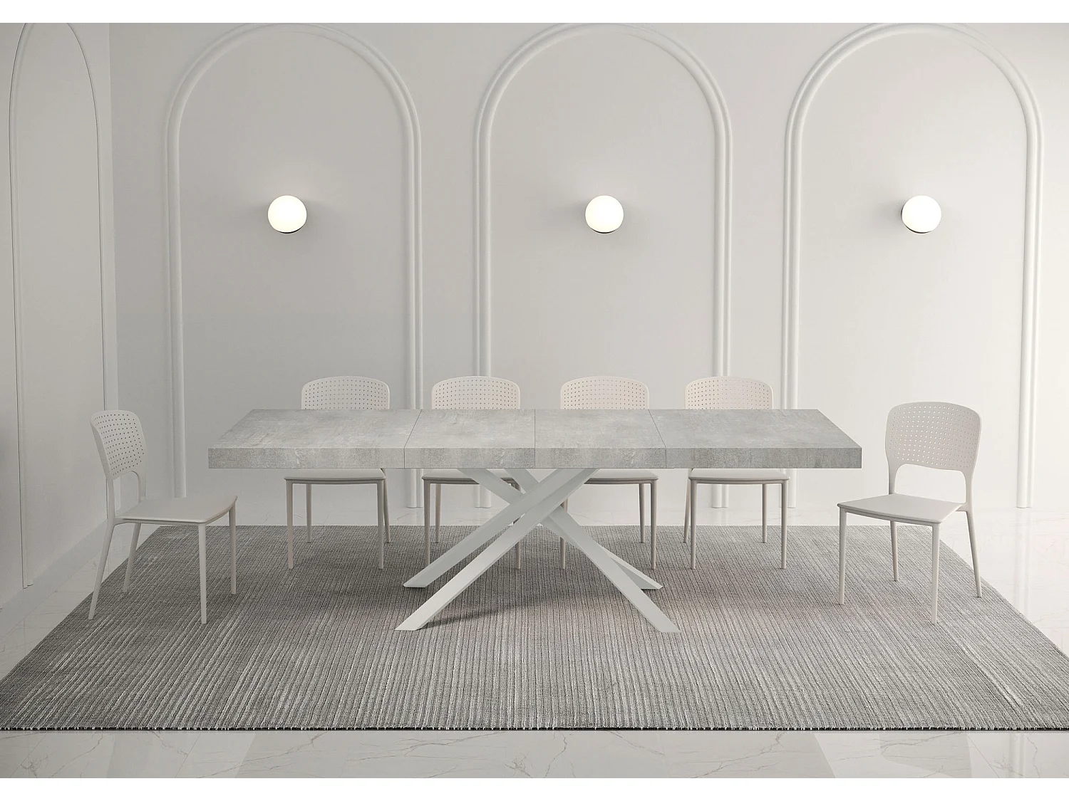 Table extensible 160/264x90 cm Karida Premium gris béton pieds blancs