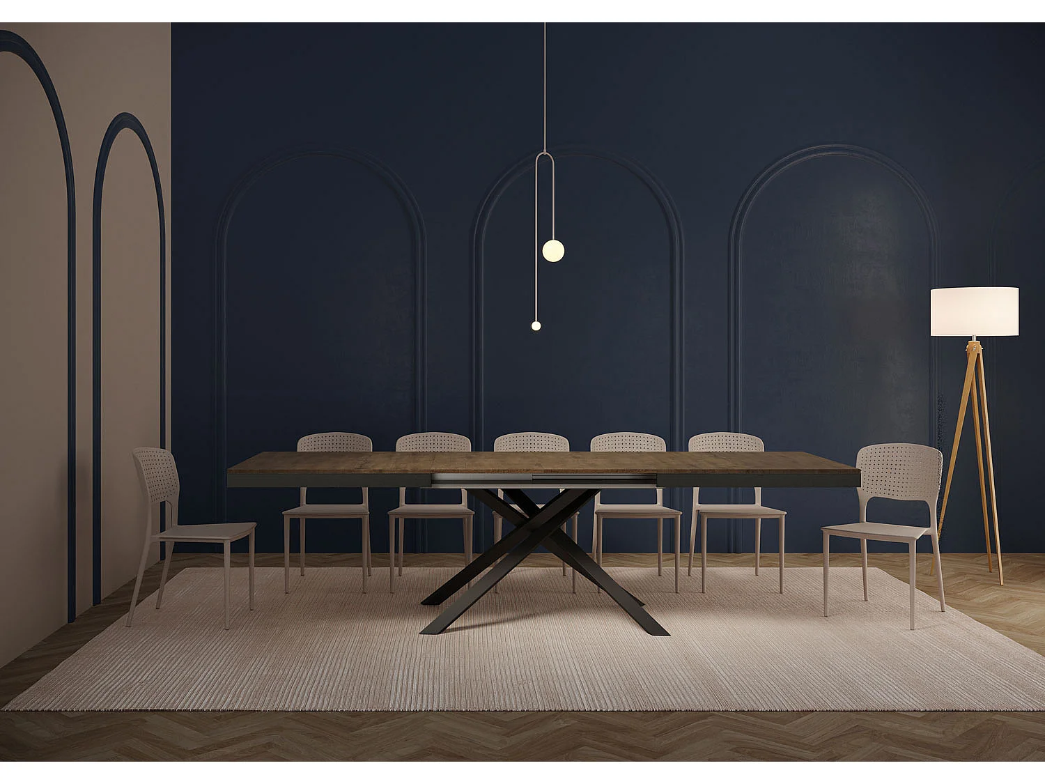 Uitschuifbare tafel 180/440x90 cm Karida Evolution walnoot met antraciet frame en poten