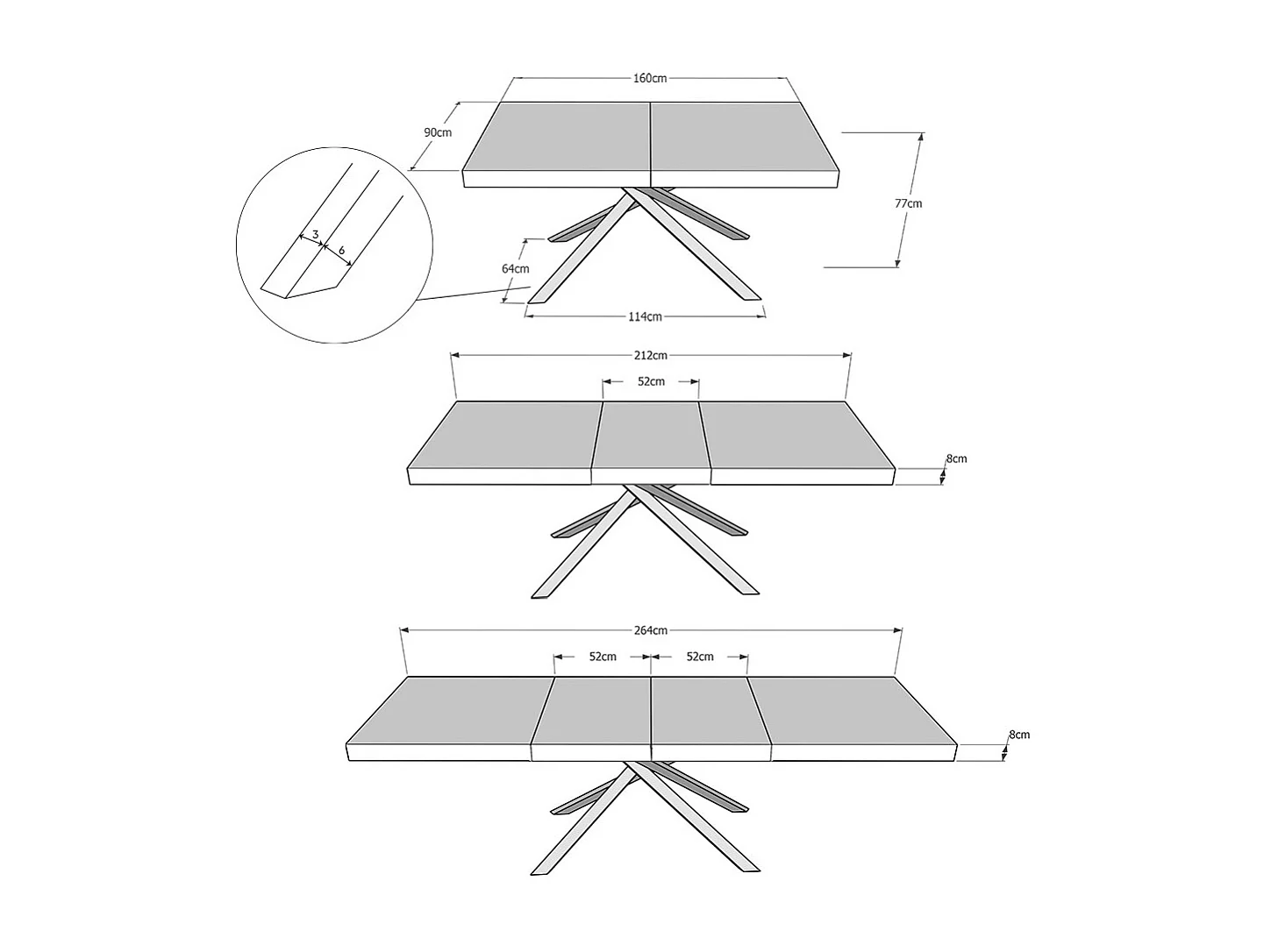 Table extensible 90x160/264 cm Karida Premium noyer pieds anthracite
