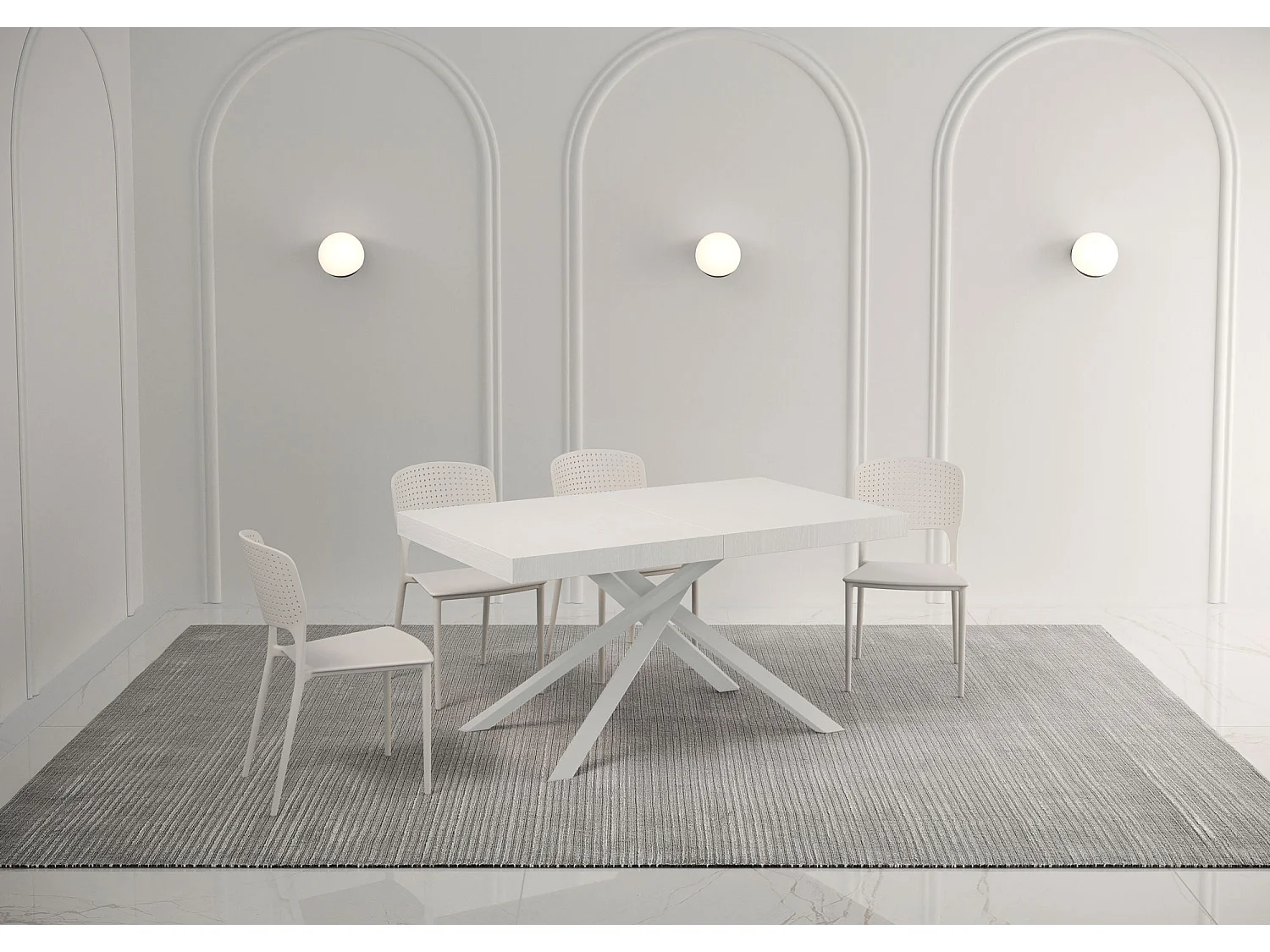 Table extensible 160/264x90 cm Karida Premium frêne blanc pieds blancs