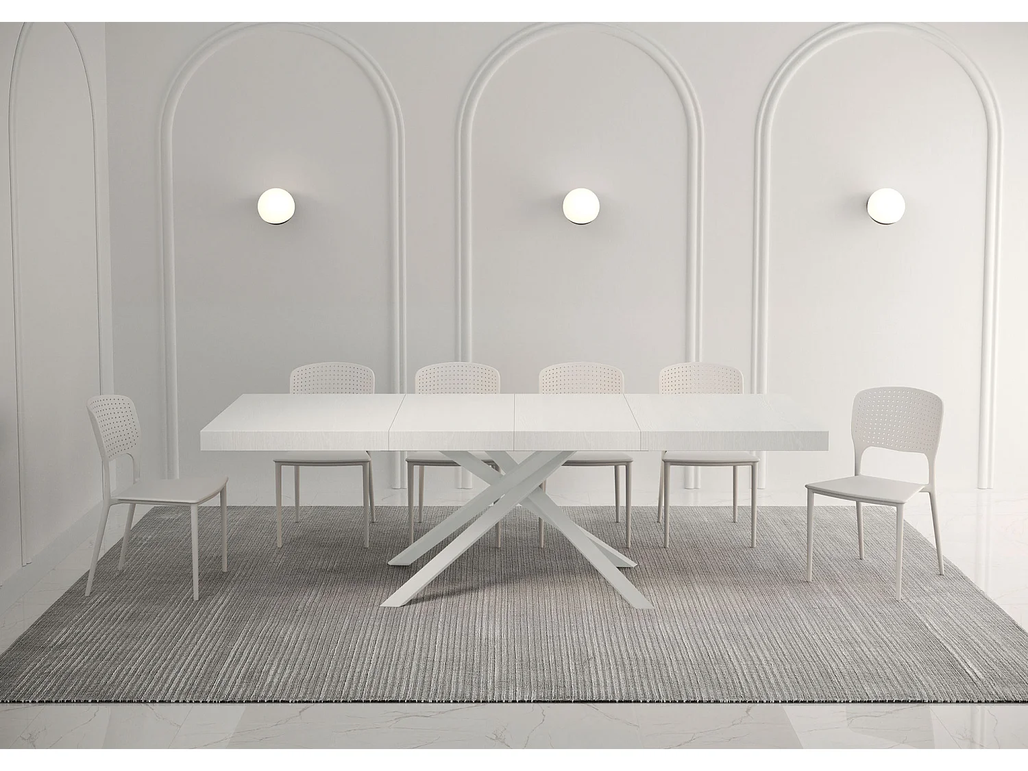 Table extensible 160/264x90 cm Karida Premium frêne blanc pieds blancs