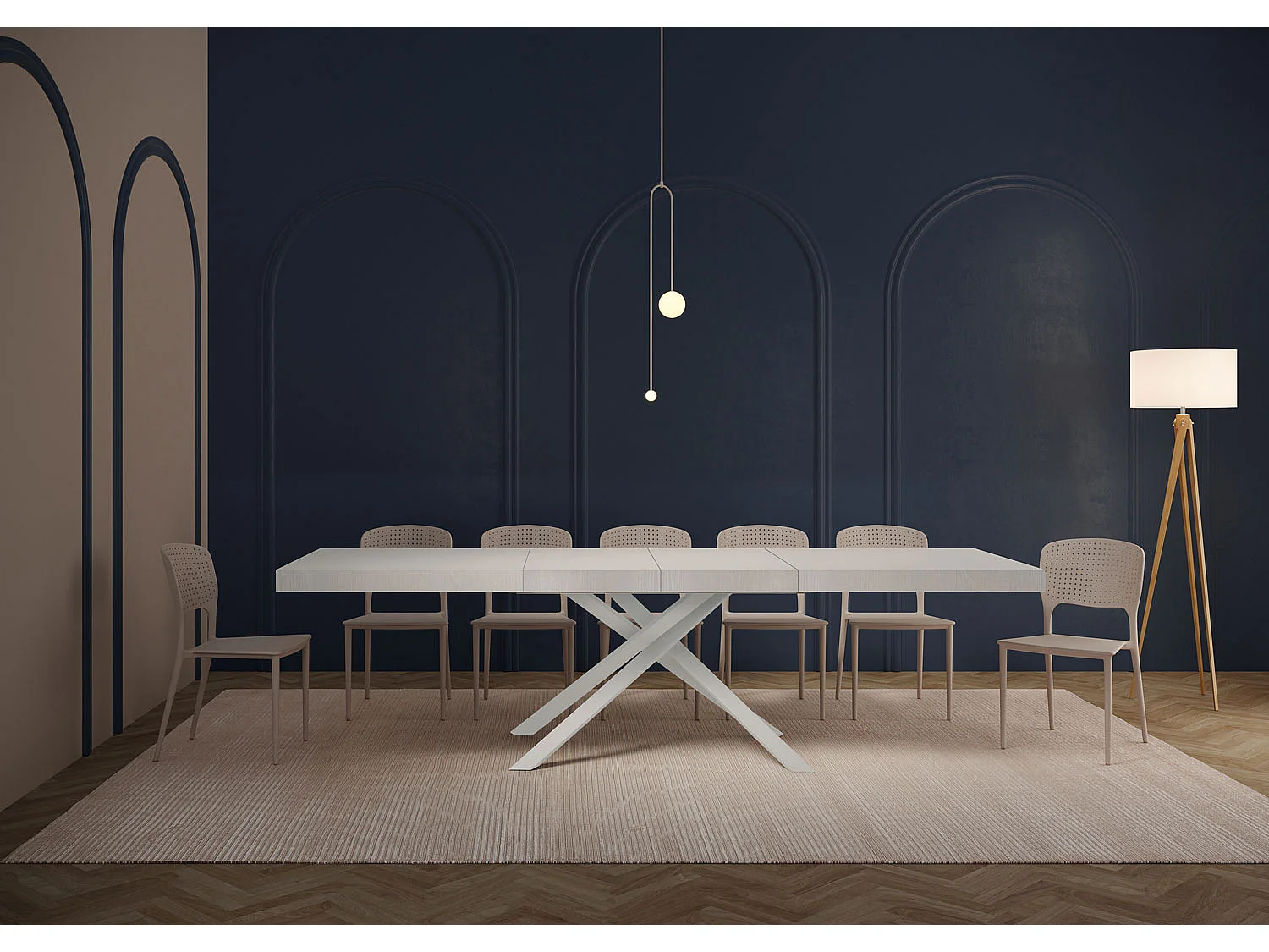 Table extensible 180/284x90 cm Karida Premium frêne blanc pieds blancs
