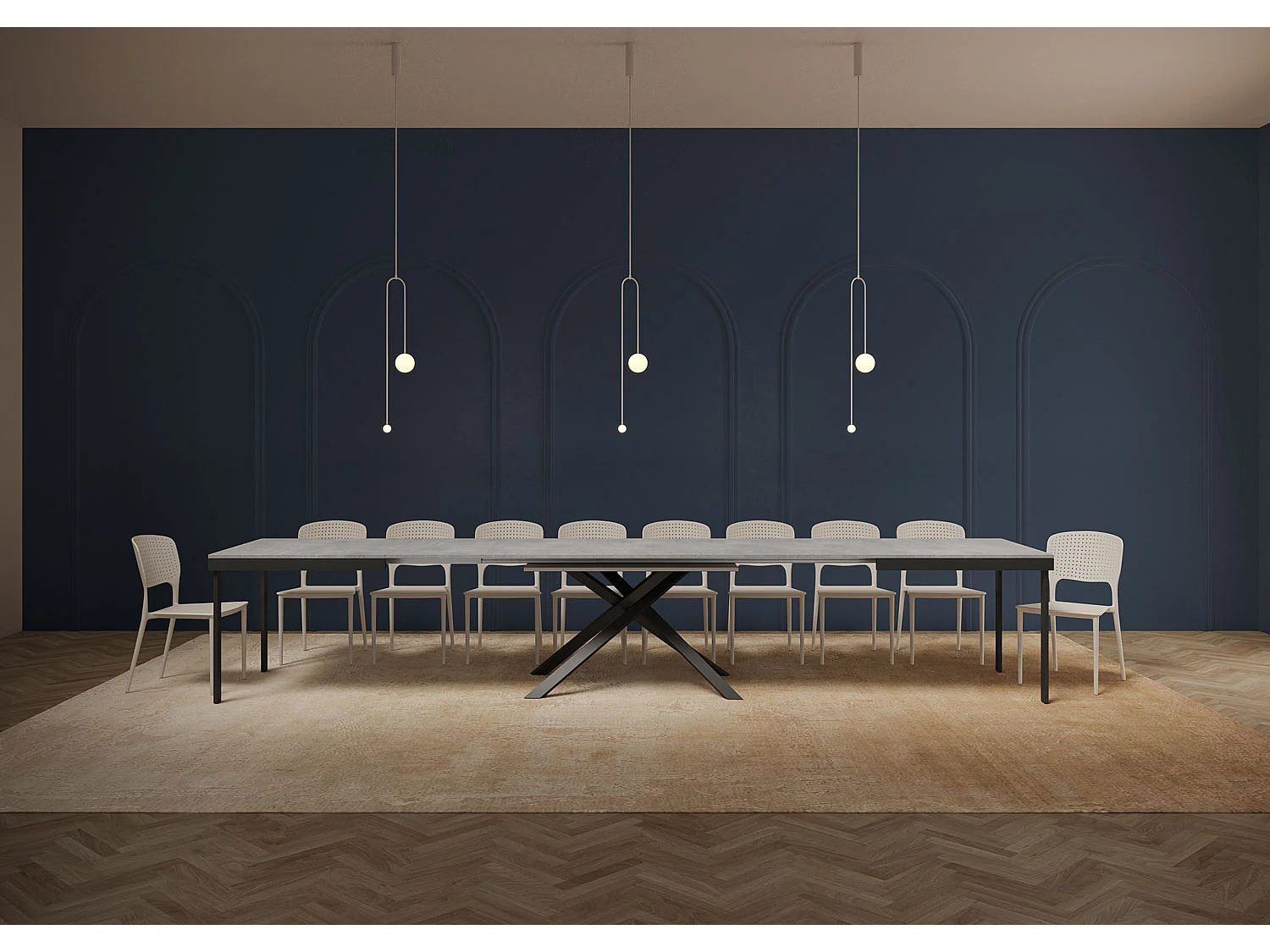 Uitschuifbare tafel 180/440x90 cm Karida Evolution cement met antraciet frame en poten