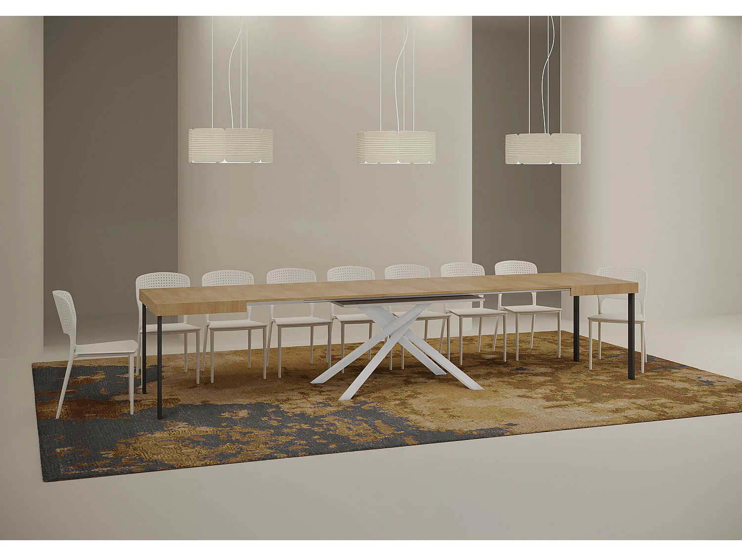 Table extensible 130/390x90 cm Karida chêne nature pieds blancs
