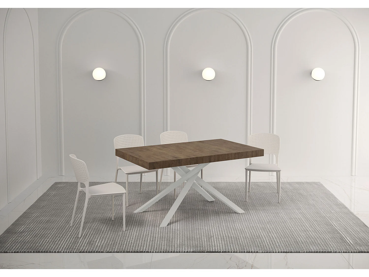 Table extensible 160/264x90 cm Karida Premium noyer pieds blancs
